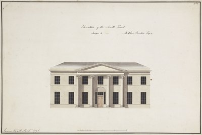 Soho Evi: Zemin Kat Planı; Yatak Odası Kat Planı; Güney Cephesinin Yükseltisi, Tasarım A, Güney Cephesinin Yükselişi, Tasarım B ve Kuzey Cephesinin Yükselişi, 1796 by James Wyatt