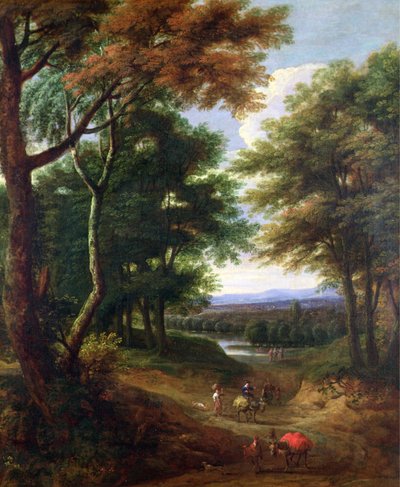 Bir yolda gezginler ile ormanlık manzara by Jan Baptist Huysmans