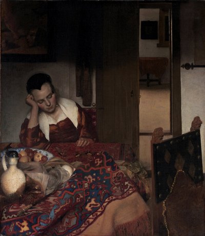 Uyuyan Kız - Tablo Johannes Vermeer (Vermeer de Delft) (1632-1675), tuval üzerine yağlı boya by Johannes Vermeer