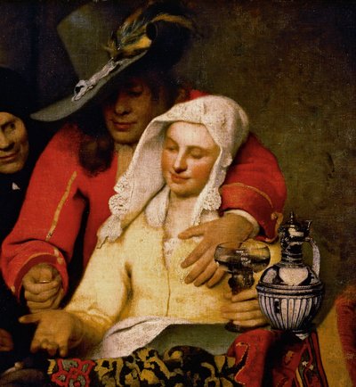 Bir adam, göğsüne dokunan bir kadına bozuk para uzatıyor, The Procuress