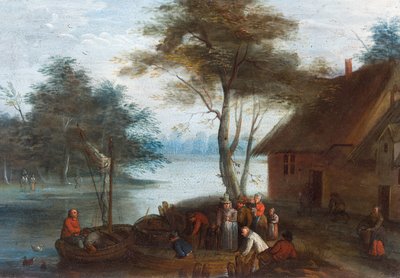 Teknelere binen bir binanın figürleriyle bir nehir manzarası by Jan (follower of) Brueghel