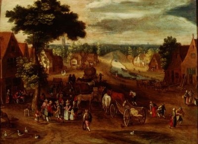 Bir hanın dışında gezginlerin olduğu bir köy by Jan (follower of) Brueghel