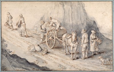 Tek atlı bir arabayı kök sebzelerle yükleyen köylüler (kağıt üzerinde yıkanmış kalem ve mürekkep) by Jan (follower of) Brueghel