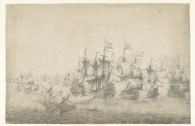 Bir deniz savaşı, muhtemelen 13 Haziran 1665'te Lowestoft'ta (sol sayfa) by Jan Abrahamsz. Beerstraten (possibly)
