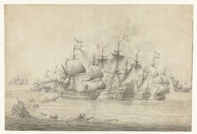 Bir deniz savaşı, muhtemelen 13 Haziran 1665'te Lowestoft'ta (sağ sayfa) by Jan Abrahamsz. Beerstraten (possibly)