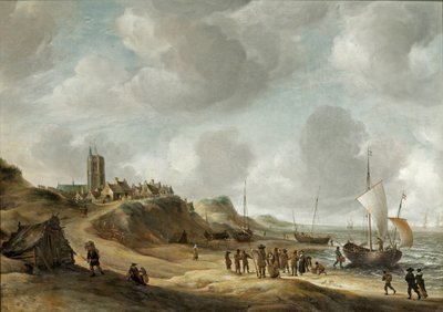 Sahilde balıkçılar ve açık denizde nakliye yapan Egmond aan Zee manzarası by Jan Abrahamsz. Beerstraten