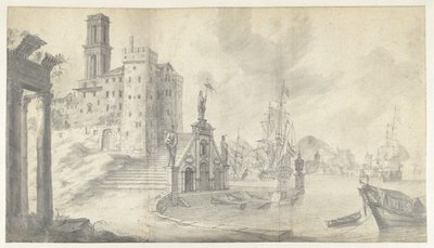 Akdeniz'de bir şehirde liman manzarası by Jan Abrahamsz. Beerstraten