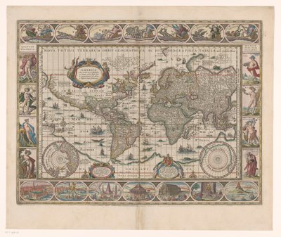 Wereldkaart decoratieve randen ile tanıştı Dünyanın yeni bir haritası by Jan Aertse van den Ende