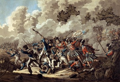 Fransız Muhafızlarının Highlanders tarafından yenilgisi, La Haye Sainte, Waterloo Savaşı sırasında, 1815 (renkli aquatint) by Jan Anthonie Langendyk