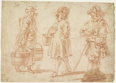 Boyunduruğu olan bir kadının üç çizimi, kovalı bir adam ve bir hacı by Jan Baptist Lambrechts