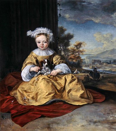 Bir köpek tutan sarı elbiseli bir çocuk (tuval üzerine yağlıboya) by Jan Baptist Weenix