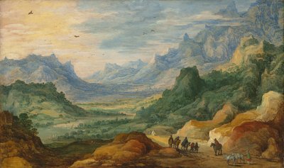 Bir yolda gezginler ve çobanlarla dağlık bir manzara by Jan Brueghel the Elder