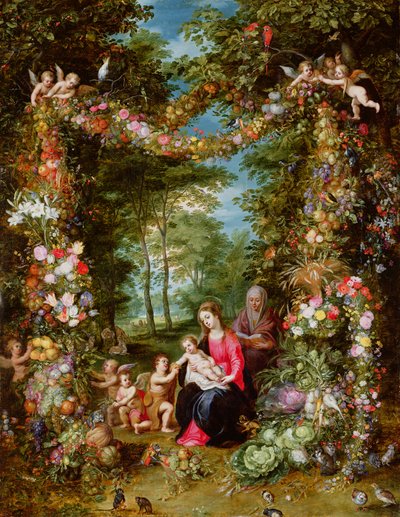 Bakire ve Çocuk, bebek Vaftizci Yahya, Aziz Anne ve melekler, çiçekler ve meyvelerden oluşan bir çelenkle çevrili by Jan Brueghel the Elder
