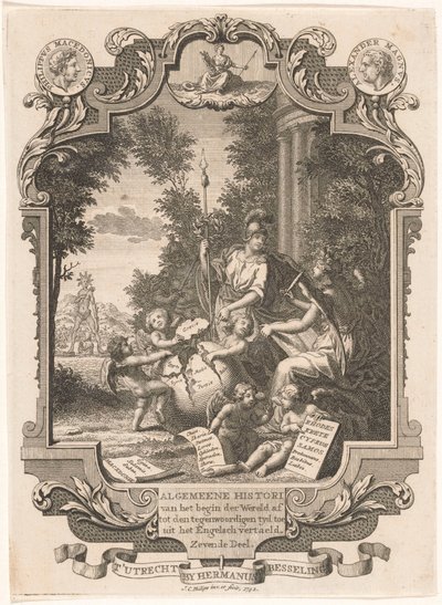 Yunanistan tarihinin alegorisiyle kartuş Başlık sayfası: Kornelis Westerbaen, Algemeene tarihi, 1742 by Jan Caspar Philips