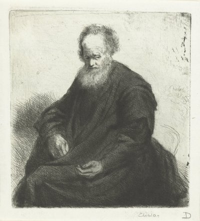 Uzun pelerinli yaşlı adam oturuyor by Jan Chalon