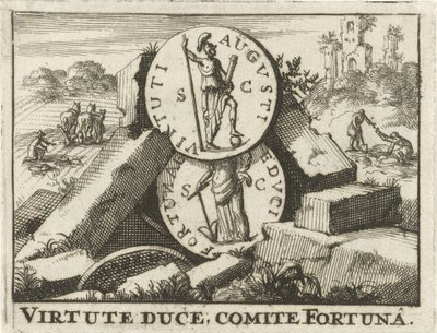 Bir taş yığınına yaslanmış Roma sikkeleri Fazilet Duce, Fortuna Komitesi (nesne üzerine başlık) by Jan Claesz ten Hoorn