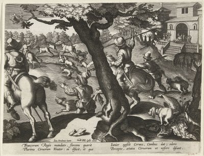 Hertenjacht honden ile bir araya geldi Jachttaferelen (dizi adı) Vahşi hayvanların, kuşların, vahşi hayvanların balıklarının avı (dizi adı) by Jan Collaert (II) (attributed to)