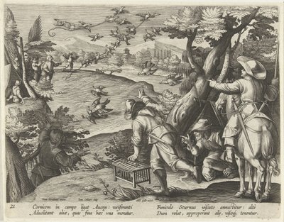Jacht op kraaien en spreeuwen Jachttaferelen (dizi adı) Vahşi hayvanların, kuşların, vahşi hayvanların balıklarının avı (dizi adı) by Jan Collaert (II)
