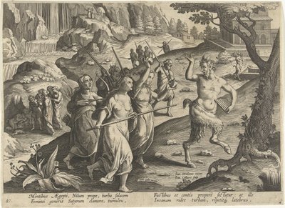 Vrouwen verjagen een sater Jachttaferelen (dizi adı) Vahşi hayvanların, kuşların, vahşi hayvanların balıklarının avı (dizi adı) by Jan Collaert (II)