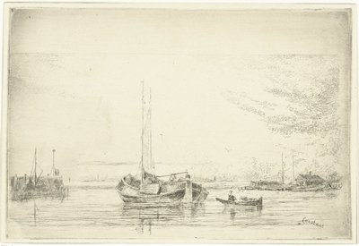 Mavna ve kürek teknesi ile nehir manzarası by Jan Daniël Cornelis Carel Willem baron de Constant Rebecque