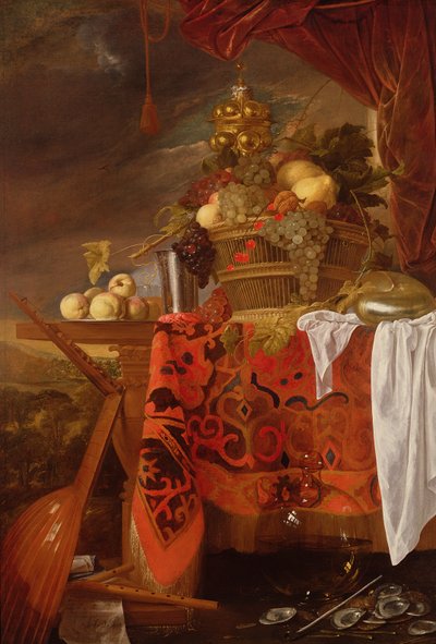 Bir Tabakta Yaldızlı Bardak, Gümüş Kadeh, Nautilus, Bardak ve Şeftali ile Karışık Meyve Sepeti by Jan Davidsz de Heem