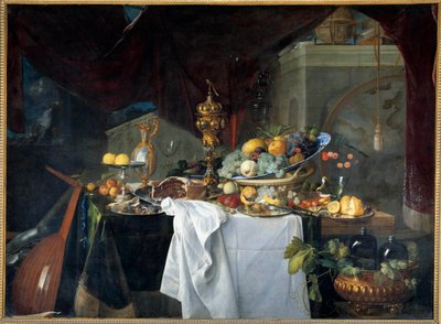 Müzik enstrümanlı tabaklarla kaplı bir natürmort sofra tatlısı. Jan David Heem (1606-1684) 1640 Sun tarafından tablo. 1,49x2,03 m by Jan Davidsz de Heem
