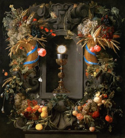 Meyve Çelenkinde Eucharist - Jan Davidsz. de Heem (1606-1684). Tuval üzerine yağlıboya by Jan Davidsz de Heem