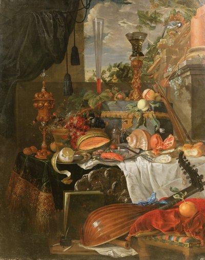 Natürmort gıda ve müzik aletleri by Jan Davidsz de Heem
