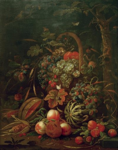Meşe üzerinde meyve sepeti, balkabağı, kavun ve şeftali ile natürmort by Jan Davidsz de Heem