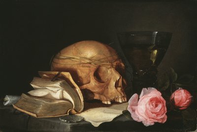 Vanitas Natürmort Kafatası, Kitap ve Güller - Vanitas Kafatası, Kitap ve Güller ile Natürmort, Heem, Jan Davidsz. ile ilgili by Jan Davidsz de Heem