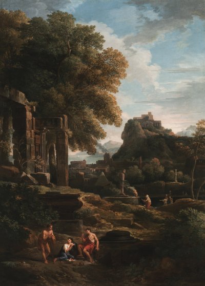 Ön planda figürler, solda harabeler ve ortada fedakarlık yapan bir figür (tuval üzerine yağlı boya) ile klasik bir manzara by Jan Frans van Bloemen