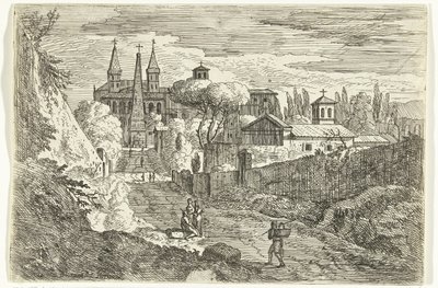 Şehir Surlarında Gezginlerle İtalyan Manzarası by Jan Frans van Bloemen