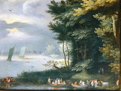 Kayıklara binen Figürlerle Gölün Kıyıları (tuval üzerine yağlı boya) by Jan Frans van Bredael