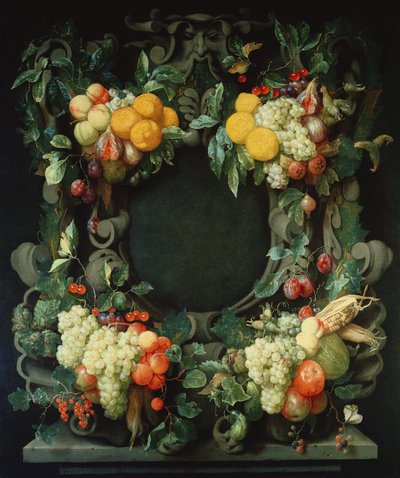 Boş bir nişin etrafındaki meyve çelengi by Jan Frans van Son