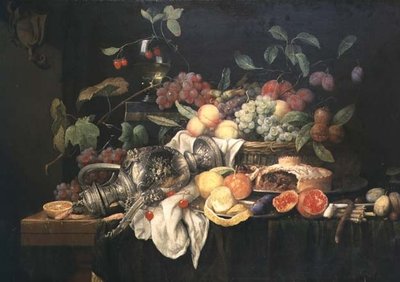 Kalaylı çömlek, kıymalı turta ve meyve ile natürmort by Jan Frans van Son