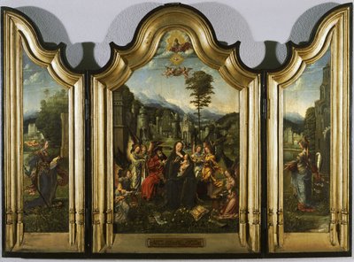 Aziz Catherine ve Aziz Barbara Triptik ile Kutsal Aile, c. 1505 by Jan Gossaert