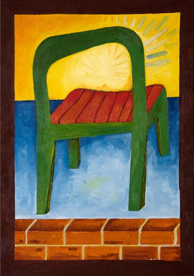 Havada Sandalye, 2005 (tahta üzerine yağlı boya) by Jan Groneberg