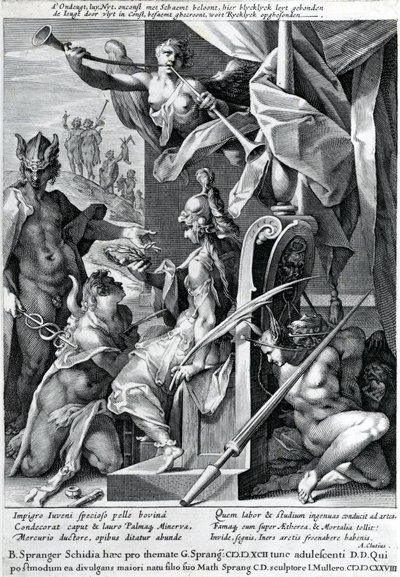 Merkür ve Minerva bir kahramanı boğa postu ve defne çelengi ile donatıyor, 1604 by Jan Harmensz Muller