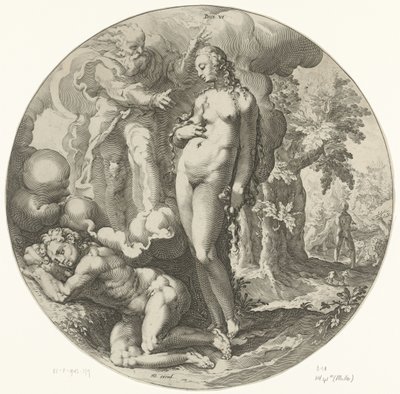 Yaratılışın altıncı günü: İnsanın yaratılışı Ölür VI (nesne üzerindeki başlık) Dünyanın yaratılışı (dizi başlığı) by Jan Harmensz. Muller