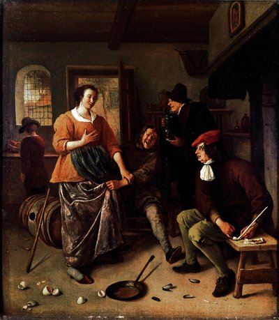 Kırık yumurtalar (bir han içinde). Hollanda mutfağında neşeli karakter grubu. Kadının eteğini kaldıran adam, ressamın kendi portresidir. Jan Havickszoon Steen (1625/6-1679) 1665-1670 Sun tarafından tablo. 43x38 cm Londra, Ulusal Galeri - The Inte by Jan Havicksz. Steen