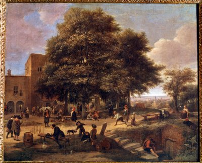 Bir çiftlik bahçesinde oynayan ve dinlenen bir grup köylü bowling oyunu. Jan Steen