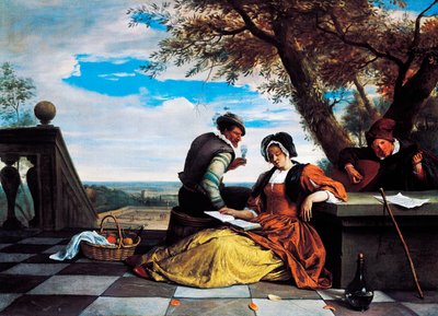 Terasta müzik yapan iki erkek ve genç kadın by Jan Havicksz. Steen
