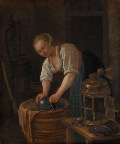 Kadın ovma metal eşya by Jan Havicksz. Steen