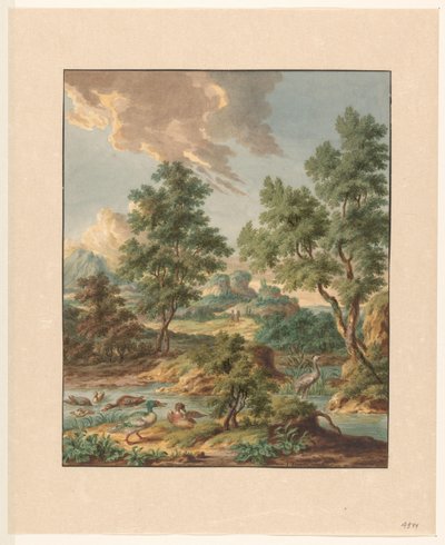 Bir havuzda su kuşları ile manzara by Jan Hendrik Troost van Groenendoelen