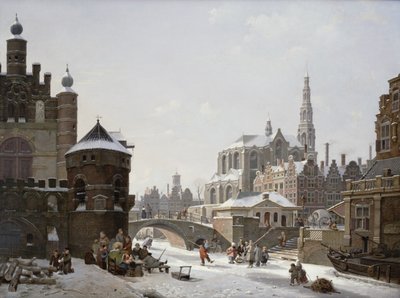 Donmuş Kanal Üzerinde Rakamlarla Bir Kasabanın Capriccio Görünümü by Jan Hendrik Verheyen