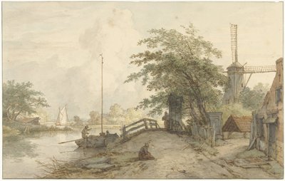 Bir su boyunca bir yolda bir köprü ve ev ile manzara by Jan Hulswit