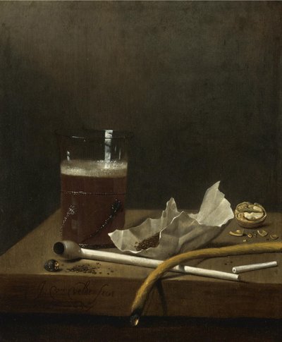 Bir bardak bira, pipo, tütün ve diğer sigara içme malzemeleri ile natürmort, 1658 by Jan III van de Velde