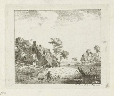 İki Çiftlikte Çoban ve Koyunlu Manzara by Jan Izaak van Mansvelt