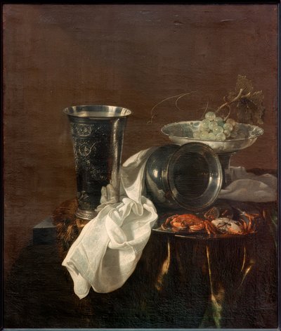 Gümüş bir bardak, devrilmiş bir sürahi ile ziyafet natürmort, by Jan Jansz. Treck