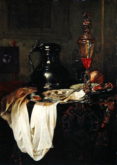 Teneke Tankard ve Kapaklı Kadeh ile Natürmort (meşe panel üzerinde yağlı boya) by Jan Jansz Treck